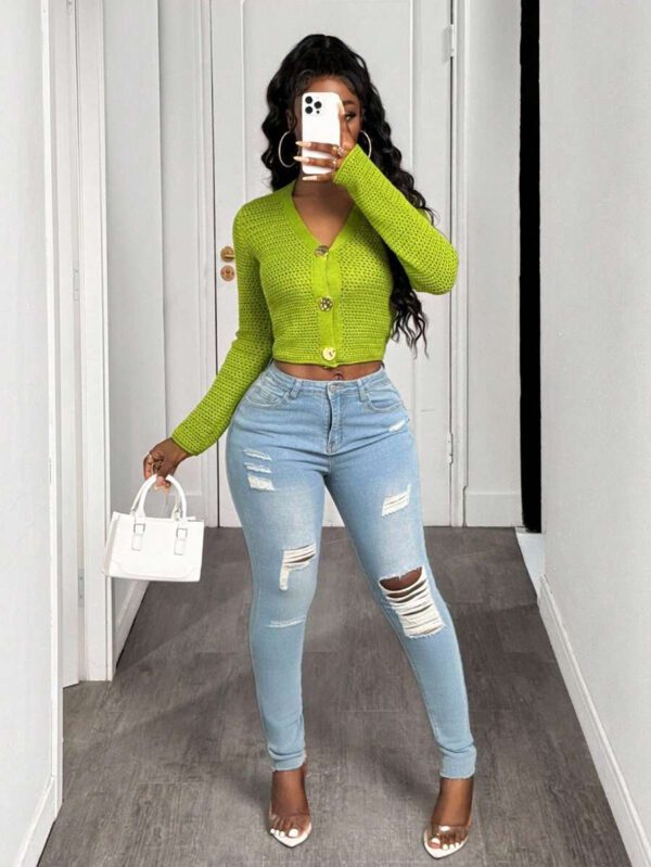 BamGleam Nouveau cardigan vert ajouré avec boutons surdimensionnés en métal, veste en tricot décontracté sexy et simple à manches longues et col en V – Image 8