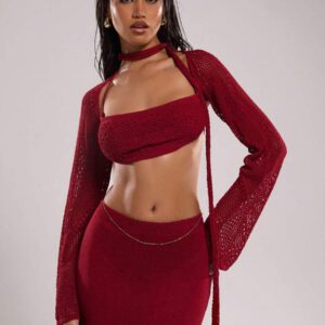 SHEIN BAE Ensemble de 2 pièces pour femmes, top court tricoté à col ras-du-cou et gilet sans manches évidé de couleur unie. Tenues d'été pour femmes, tenues de vacances, tenues de plage. Ensembles de 2 pièces, pulls corset pour femmes, hauts de sortie, cache-maillots pour maillots de bain