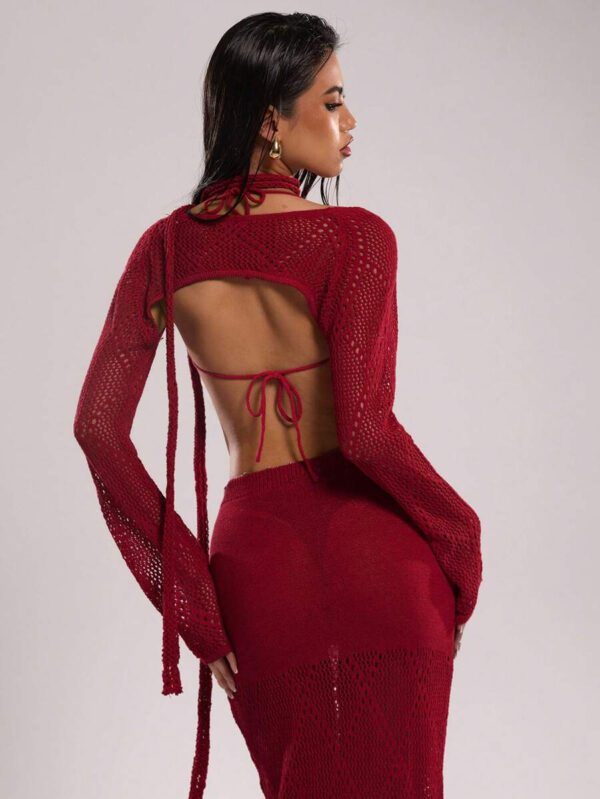 SHEIN BAE Ensemble de 2 pièces pour femmes, top court tricoté à col ras-du-cou et gilet sans manches évidé de couleur unie. Tenues d'été pour femmes, tenues de vacances, tenues de plage. Ensembles de 2 pièces, pulls corset pour femmes, hauts de sortie, cache-maillots pour maillots de bain – Image 3