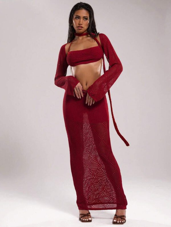 SHEIN BAE Ensemble de 2 pièces pour femmes, top court tricoté à col ras-du-cou et gilet sans manches évidé de couleur unie. Tenues d'été pour femmes, tenues de vacances, tenues de plage. Ensembles de 2 pièces, pulls corset pour femmes, hauts de sortie, cache-maillots pour maillots de bain – Image 7