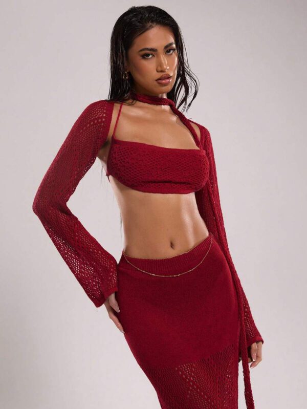 SHEIN BAE Ensemble de 2 pièces pour femmes, top court tricoté à col ras-du-cou et gilet sans manches évidé de couleur unie. Tenues d'été pour femmes, tenues de vacances, tenues de plage. Ensembles de 2 pièces, pulls corset pour femmes, hauts de sortie, cache-maillots pour maillots de bain – Image 8