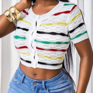 BamGleam Cardigan court femme à manches courtes et boutonnage simple, rayé, court, léger, multicolore