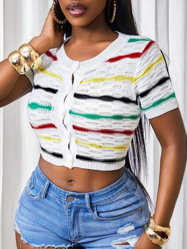 BamGleam Cardigan court femme à manches courtes et boutonnage simple, rayé, court, léger, multicolore – Image 7