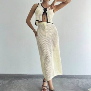 Firerie 2 pièces Ensemble de débardeur ajouré en tricot et jupe longue pour femmes en vacances
