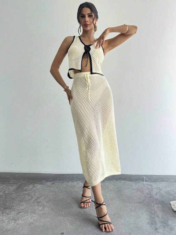 Firerie 2 pièces Ensemble de débardeur ajouré en tricot et jupe longue pour femmes en vacances – Image 4