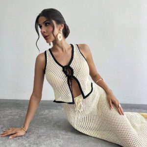 Firerie 2 pièces Ensemble de débardeur ajouré en tricot et jupe longue pour femmes en vacances