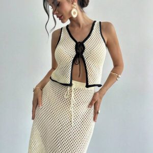 Firerie 2 pièces Ensemble de débardeur ajouré en tricot et jupe longue pour femmes en vacances