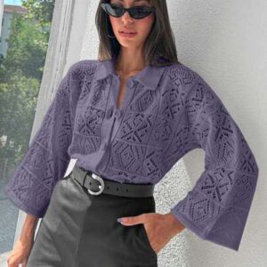 RueChic Cardigan unicolore à manches longues et épaules tombantes, à boutonnage simple et ajouré, mince, pour femme
