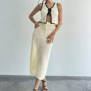 Firerie 2 pièces Ensemble de débardeur ajouré en tricot et jupe longue pour femmes en vacances