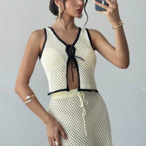 Firerie 2 pièces Ensemble de débardeur ajouré en tricot et jupe longue pour femmes en vacances