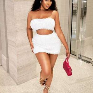 BamGleam 2 pièces Set: Top tube court blanc moelleux et minimaliste sexy et & Jupe, tenue toute blanche pour courbes