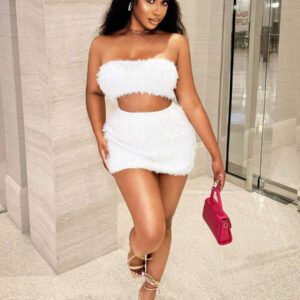 BamGleam 2 pièces Set: Top tube court blanc moelleux et minimaliste sexy et & Jupe, tenue toute blanche pour courbes