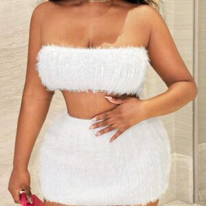BamGleam 2 pièces Set: Top tube court blanc moelleux et minimaliste sexy et & Jupe, tenue toute blanche pour courbes