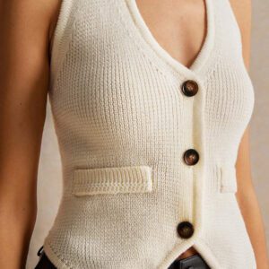 Poéselle Gilet sans manches beige pour femmes, col en V, détail de boutons avec poches, vêtements d'été et d'automne pour femmes, essentiel chic sans effort, bon chic bon genre, Top décontracté élégant, Bridgerton