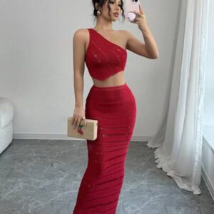 Elenzga 2 pièces Ensemble pour femme : Top sans manches asymétrique de couleur unie et jupe en tricot
