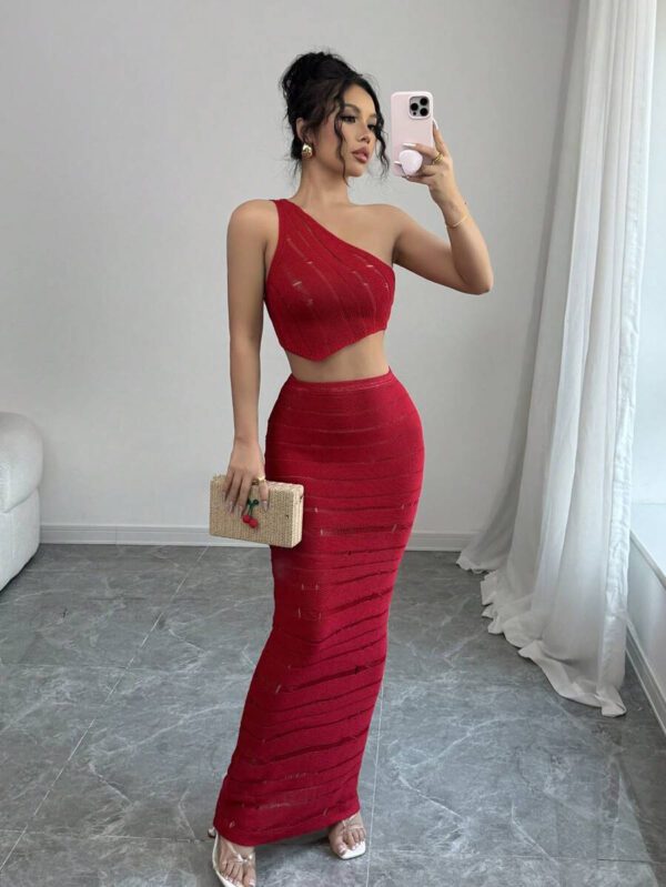 Elenzga 2 pièces Ensemble pour femme : Top sans manches asymétrique de couleur unie et jupe en tricot – Image 2