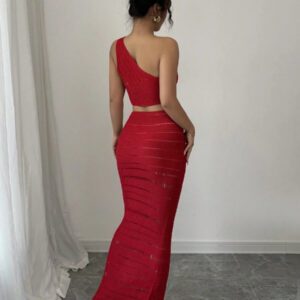 Elenzga 2 pièces Ensemble pour femme : Top sans manches asymétrique de couleur unie et jupe en tricot