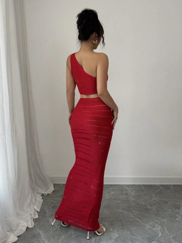 Elenzga 2 pièces Ensemble pour femme : Top sans manches asymétrique de couleur unie et jupe en tricot – Image 3