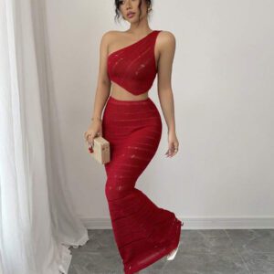 Elenzga 2 pièces Ensemble pour femme : Top sans manches asymétrique de couleur unie et jupe en tricot
