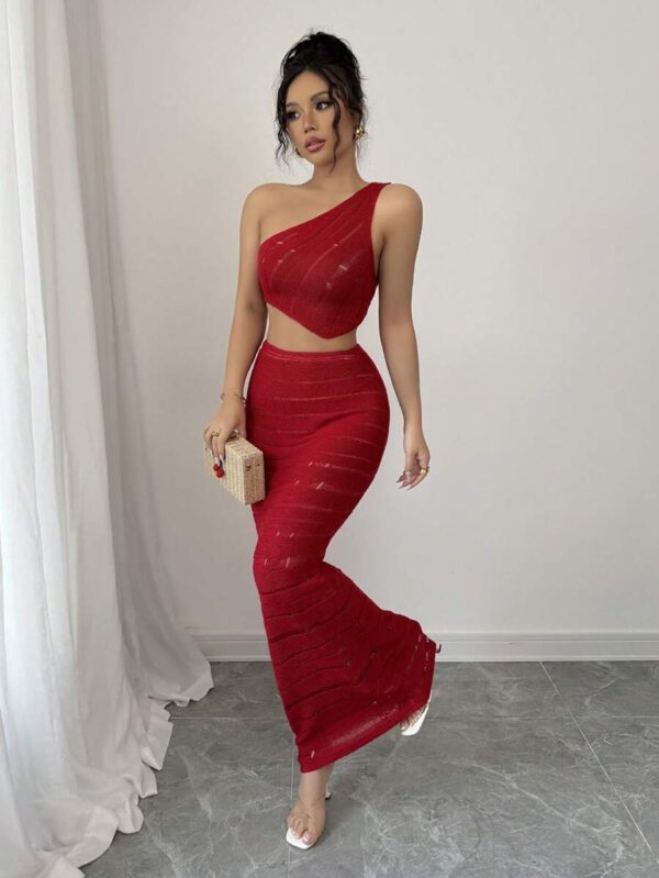 Elenzga 2 pièces Ensemble pour femme : Top sans manches asymétrique de couleur unie et jupe en tricot – Image 4