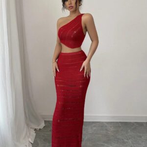Elenzga 2 pièces Ensemble pour femme : Top sans manches asymétrique de couleur unie et jupe en tricot