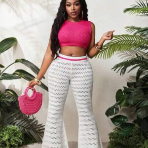 BamGleam 2 pièces/Set Débardeur et pantalon à jambes larges neufs pour femmes, printemps été. Col rond fin, tenue casual minimaliste sexy ajourée en tricot. Rose rouge et blanc.