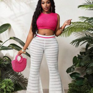 BamGleam 2 pièces/Set Débardeur et pantalon à jambes larges neufs pour femmes, printemps été. Col rond fin, tenue casual minimaliste sexy ajourée en tricot. Rose rouge et blanc.