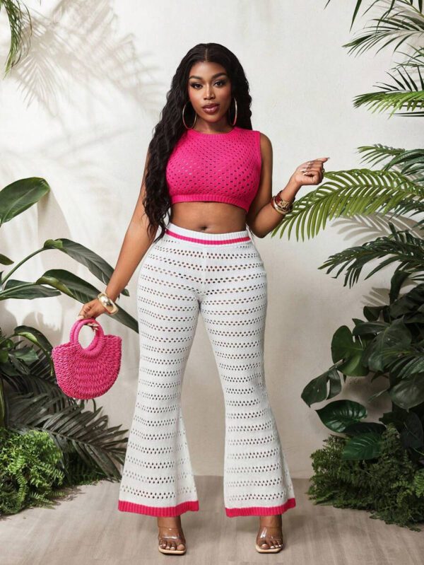 BamGleam 2 pièces/Set Débardeur et pantalon à jambes larges neufs pour femmes, printemps été. Col rond fin, tenue casual minimaliste sexy ajourée en tricot. Rose rouge et blanc. – Image 2