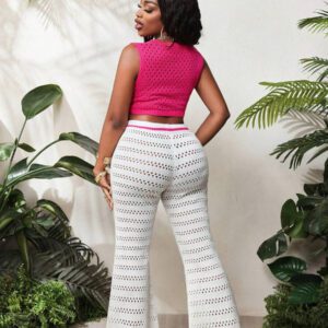 BamGleam 2 pièces/Set Débardeur et pantalon à jambes larges neufs pour femmes, printemps été. Col rond fin, tenue casual minimaliste sexy ajourée en tricot. Rose rouge et blanc.
