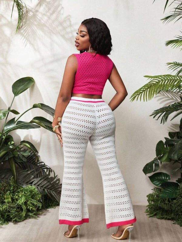 BamGleam 2 pièces/Set Débardeur et pantalon à jambes larges neufs pour femmes, printemps été. Col rond fin, tenue casual minimaliste sexy ajourée en tricot. Rose rouge et blanc. – Image 3