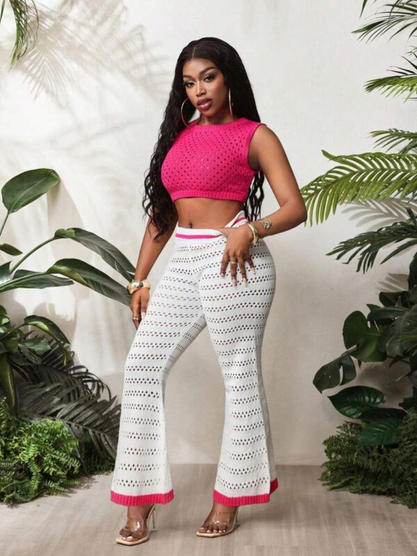 BamGleam 2 pièces/Set Débardeur et pantalon à jambes larges neufs pour femmes, printemps été. Col rond fin, tenue casual minimaliste sexy ajourée en tricot. Rose rouge et blanc. – Image 4