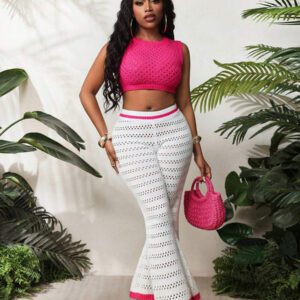 BamGleam 2 pièces/Set Débardeur et pantalon à jambes larges neufs pour femmes, printemps été. Col rond fin, tenue casual minimaliste sexy ajourée en tricot. Rose rouge et blanc.