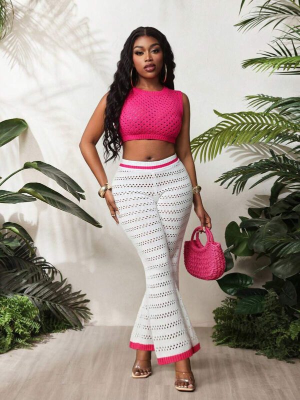 BamGleam 2 pièces/Set Débardeur et pantalon à jambes larges neufs pour femmes, printemps été. Col rond fin, tenue casual minimaliste sexy ajourée en tricot. Rose rouge et blanc. – Image 5