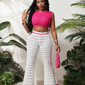 BamGleam 2 pièces/Set Débardeur et pantalon à jambes larges neufs pour femmes, printemps été. Col rond fin, tenue casual minimaliste sexy ajourée en tricot. Rose rouge et blanc.