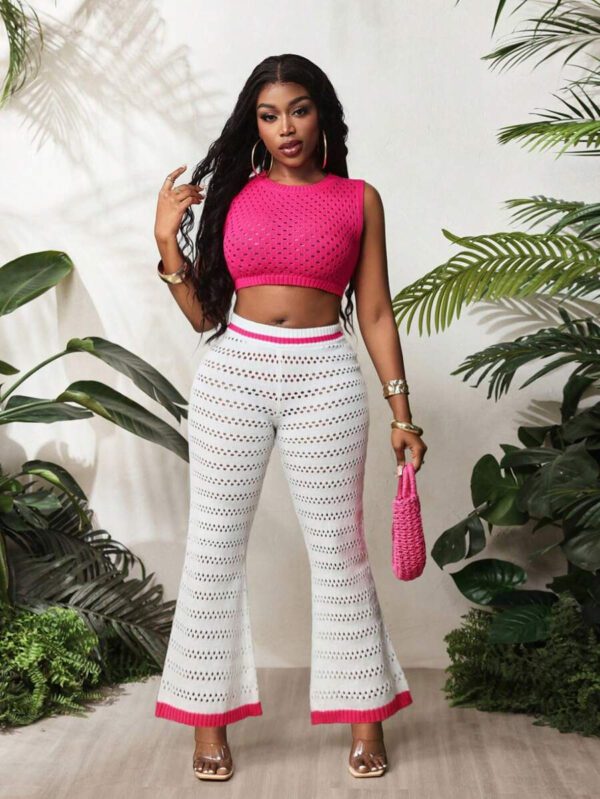 BamGleam 2 pièces/Set Débardeur et pantalon à jambes larges neufs pour femmes, printemps été. Col rond fin, tenue casual minimaliste sexy ajourée en tricot. Rose rouge et blanc. – Image 6