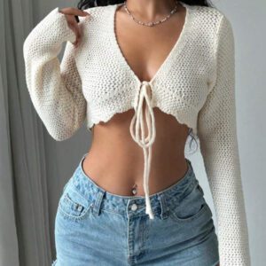 Flirla Cardigan court à manches longues, col à nouer et couleur unie pour femme, décontracté pour l'automne