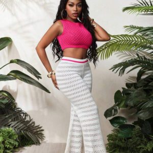 BamGleam 2 pièces/Set Débardeur et pantalon à jambes larges neufs pour femmes, printemps été. Col rond fin, tenue casual minimaliste sexy ajourée en tricot. Rose rouge et blanc.