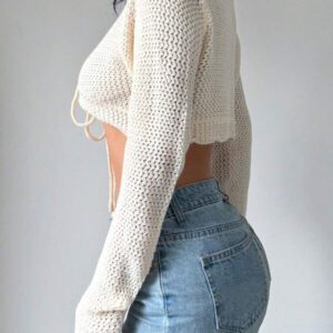 Flirla Cardigan court à manches longues, col à nouer et couleur unie pour femme, décontracté pour l'automne