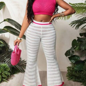 BamGleam 2 pièces/Set Débardeur et pantalon à jambes larges neufs pour femmes, printemps été. Col rond fin, tenue casual minimaliste sexy ajourée en tricot. Rose rouge et blanc.