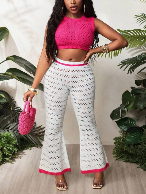 BamGleam 2 pièces/Set Débardeur et pantalon à jambes larges neufs pour femmes, printemps été. Col rond fin, tenue casual minimaliste sexy ajourée en tricot. Rose rouge et blanc. – Image 8