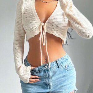 Flirla Cardigan court à manches longues, col à nouer et couleur unie pour femme, décontracté pour l'automne