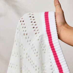 BamGleam 2 pièces/Set Débardeur et pantalon à jambes larges neufs pour femmes, printemps été. Col rond fin, tenue casual minimaliste sexy ajourée en tricot. Rose rouge et blanc.