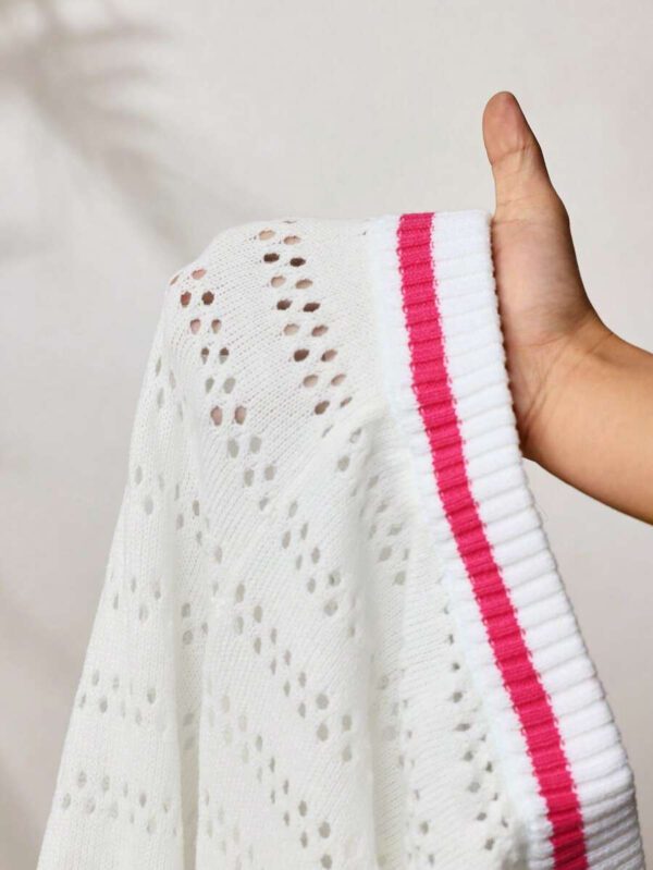 BamGleam 2 pièces/Set Débardeur et pantalon à jambes larges neufs pour femmes, printemps été. Col rond fin, tenue casual minimaliste sexy ajourée en tricot. Rose rouge et blanc. – Image 9