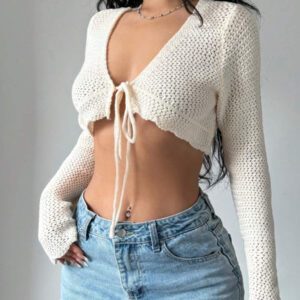 Flirla Cardigan court à manches longues, col à nouer et couleur unie pour femme, décontracté pour l'automne