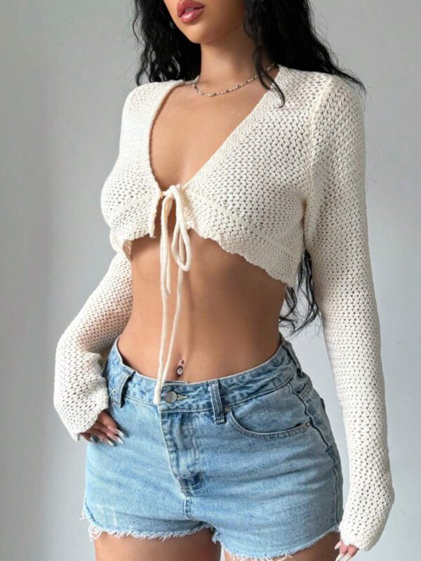 Flirla Cardigan court à manches longues, col à nouer et couleur unie pour femme, décontracté pour l'automne – Image 6