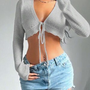 Flirla Cardigan court à manches longues, col à nouer et couleur unie pour femme, décontracté pour l'automne