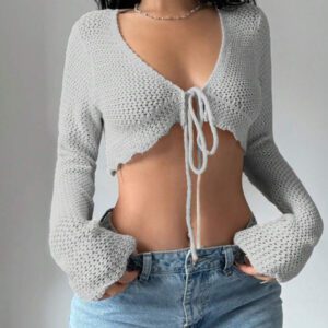 Flirla Cardigan court à manches longues, col à nouer et couleur unie pour femme, décontracté pour l'automne