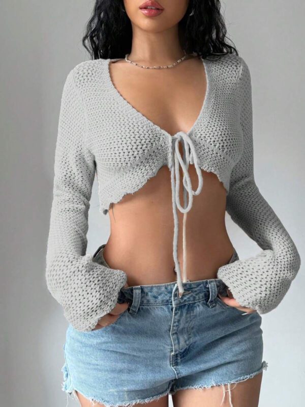 Flirla Cardigan court à manches longues, col à nouer et couleur unie pour femme, décontracté pour l'automne – Image 11