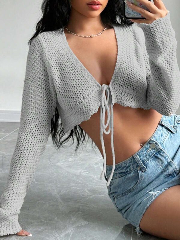 Flirla Cardigan court à manches longues, col à nouer et couleur unie pour femme, décontracté pour l'automne – Image 12