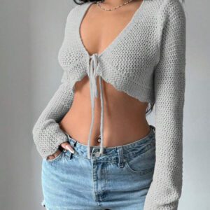 Flirla Cardigan court à manches longues, col à nouer et couleur unie pour femme, décontracté pour l'automne